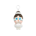 Plush Crybaby keychain pendant with dark hair, blue face details, white tutu skirt
