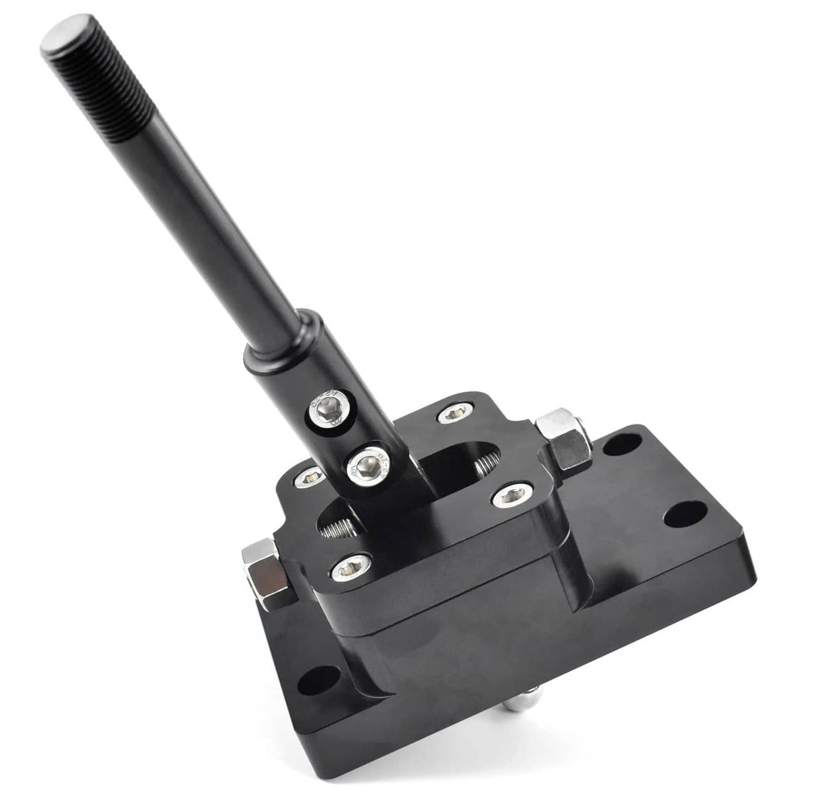 Black billet 6-speed short throw shifter with threaded lever and mounting base plate