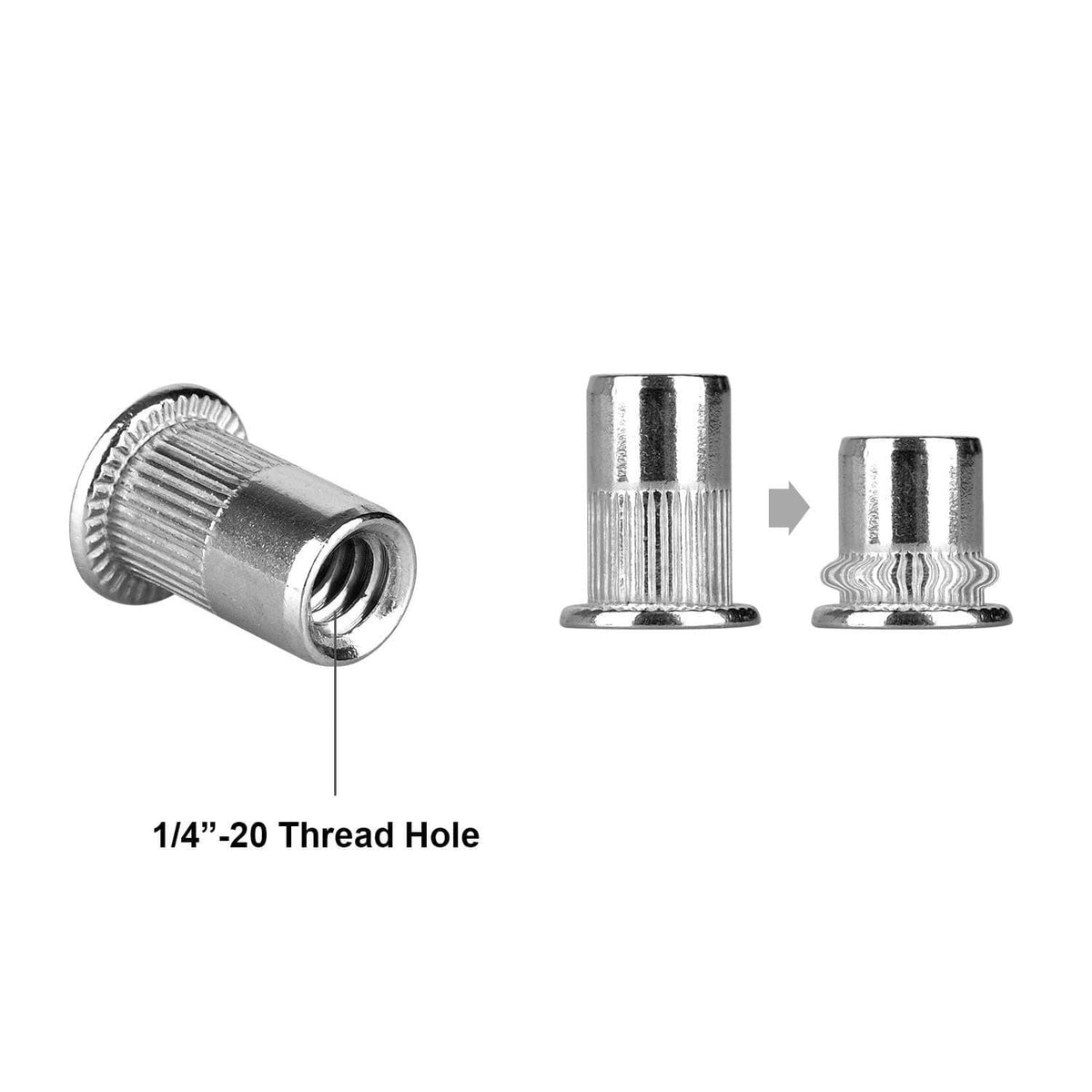 Stainless steel 1/4"-20 rivet nut shown before and after installation