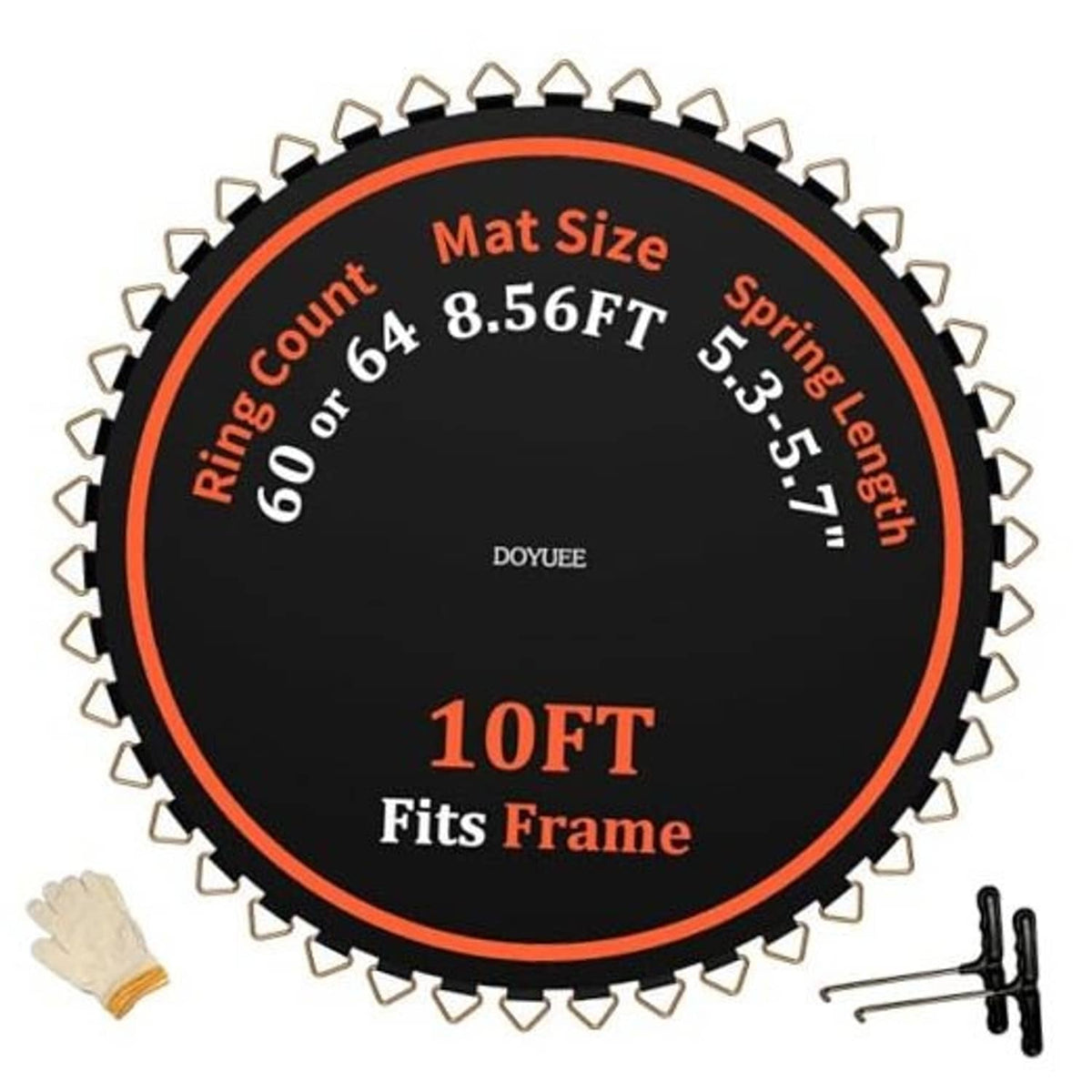 10FT trampoline replacement mat, black with orange edge ring, V-rings and spring hooks
