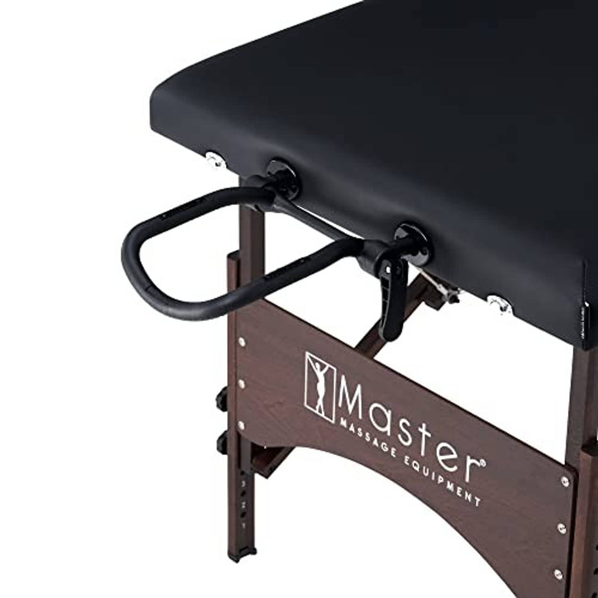 Black padded massage table with wooden side panel and headrest support bars