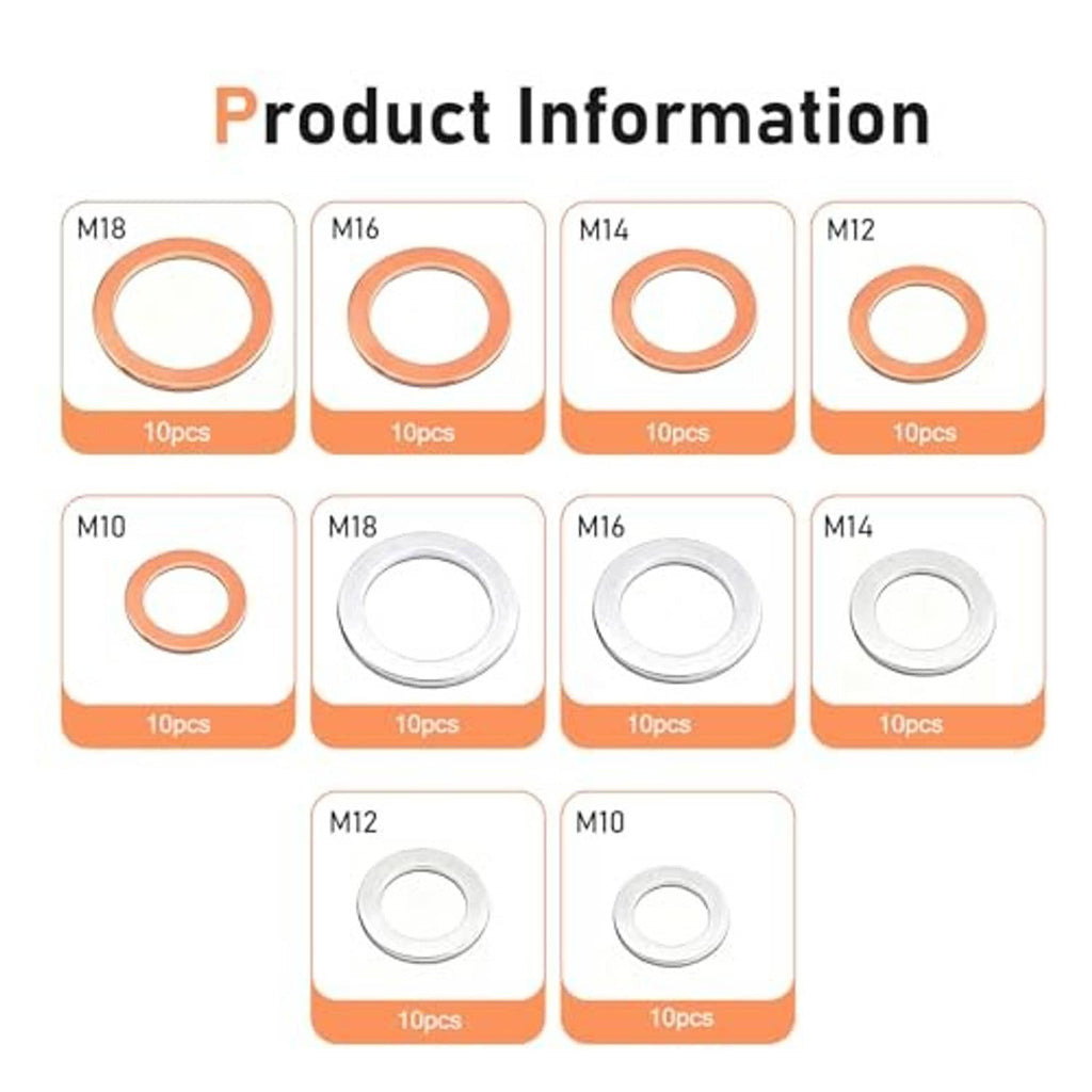 Size chart for oil drain plug gaskets with copper and silver washer rings