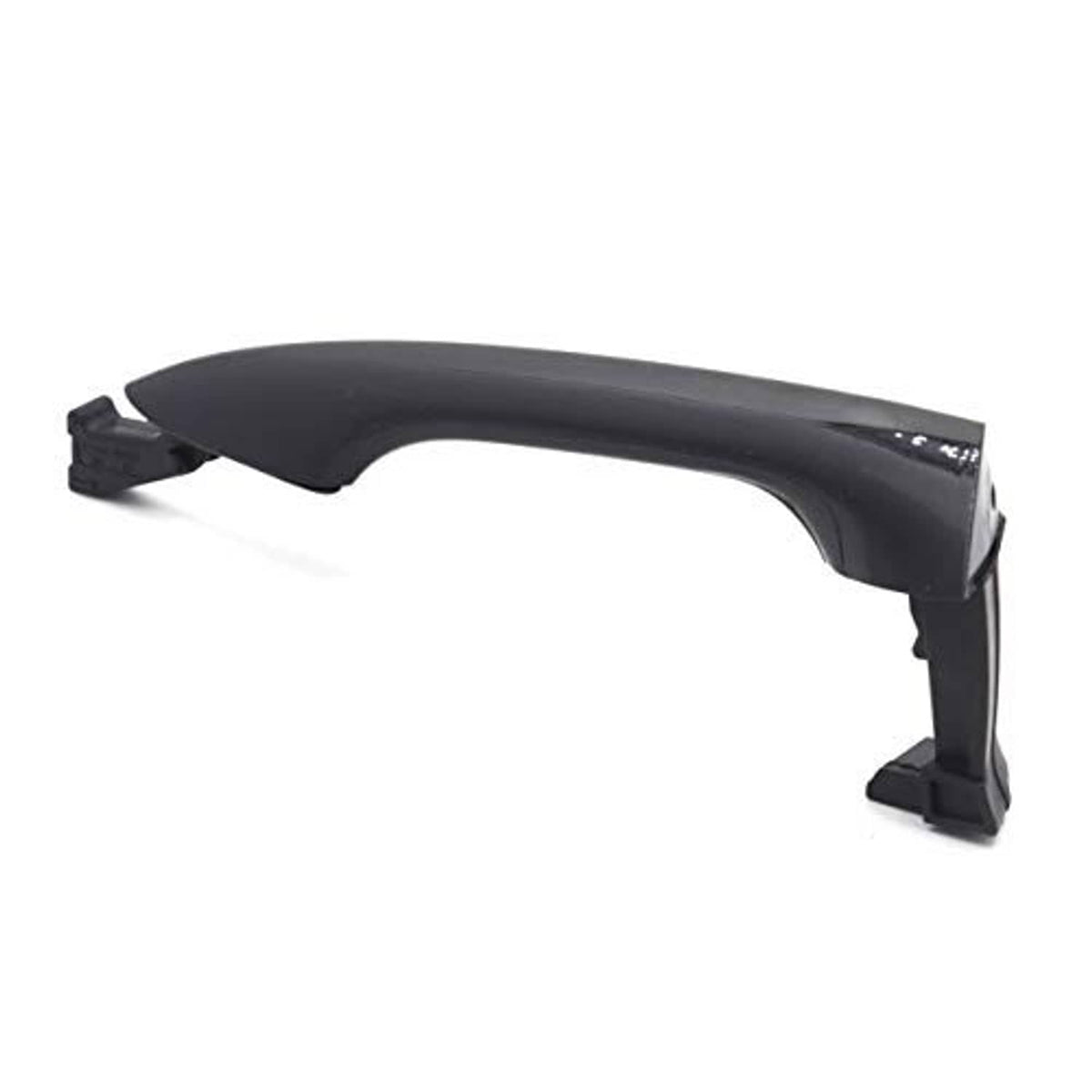 Primed black front passenger door handle, side view with mounting posts and clips