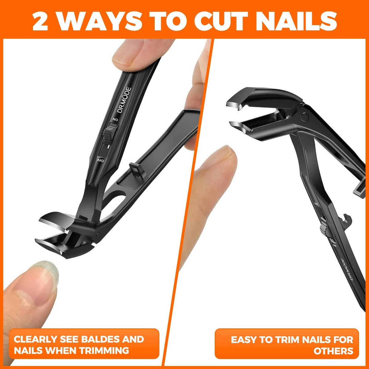 Black toenail clippers showing two cutting positions for trimming nails