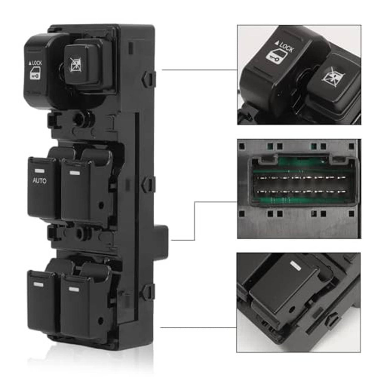 Black master power window switch assembly with multiple rocker buttons