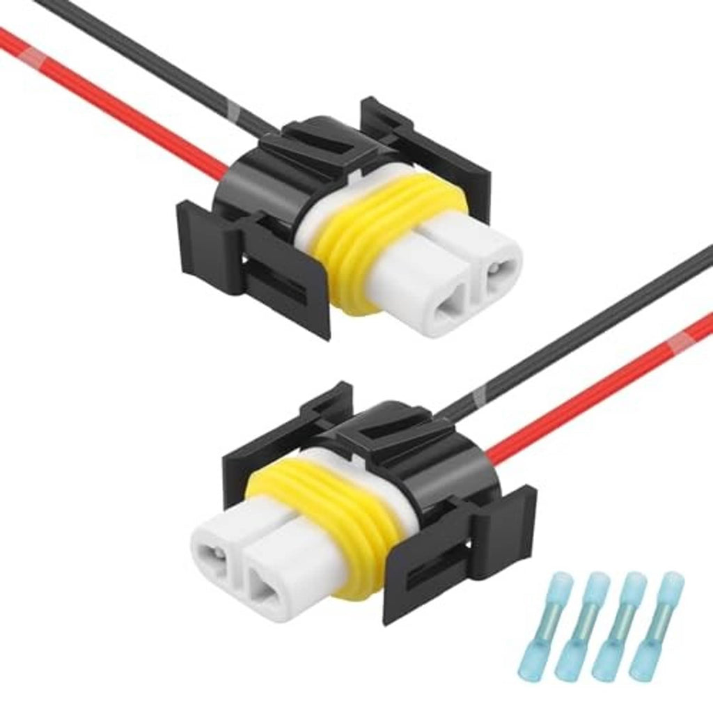 H11 headlight connector plugs with red/black wires, yellow sleeve, plus blue terminal pins