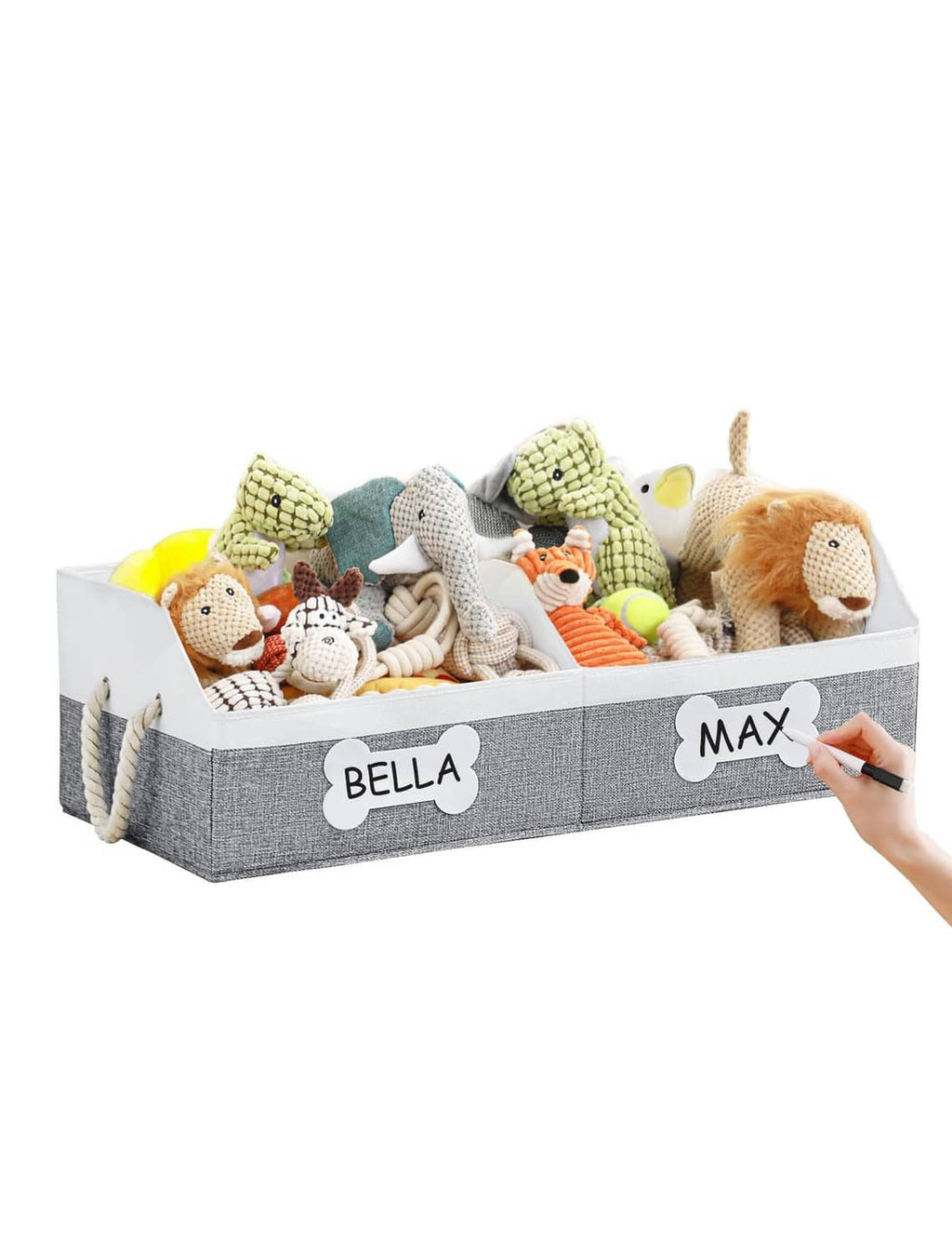 Grey collapsible fabric dog toy basket filled with plush toys, rope handles
