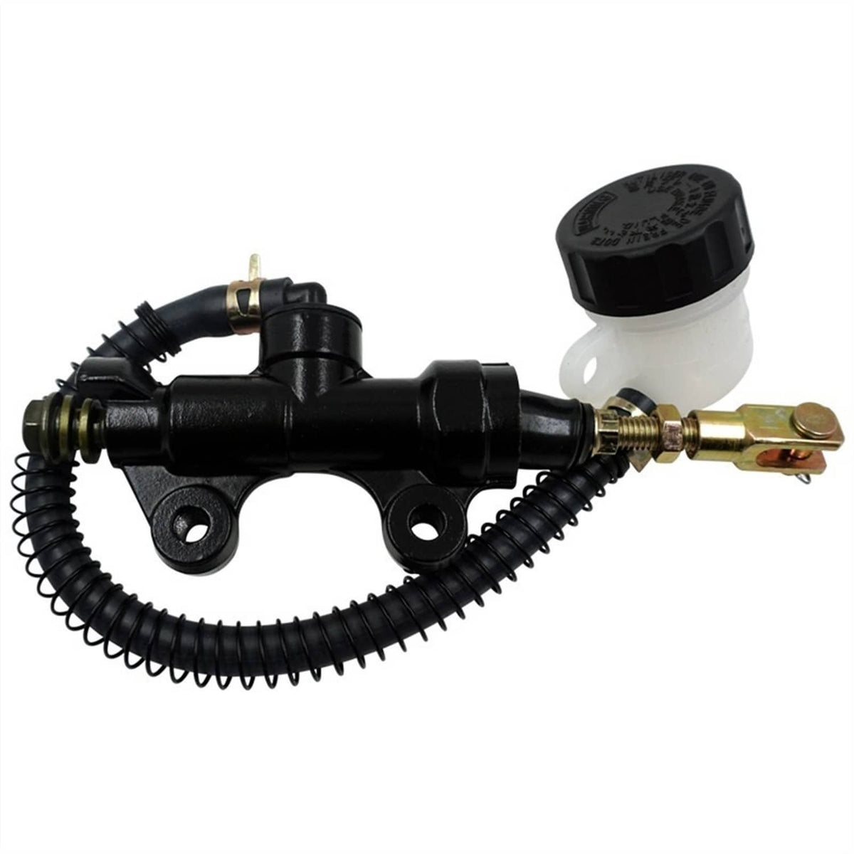 Rear brake master cylinder pump assembly with black hoses and reservoir