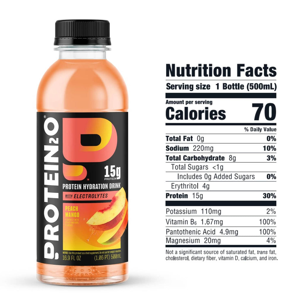 Protein hydration drink bottle with Nutrition Facts panel, serving size 1 bottle (500 ml)
