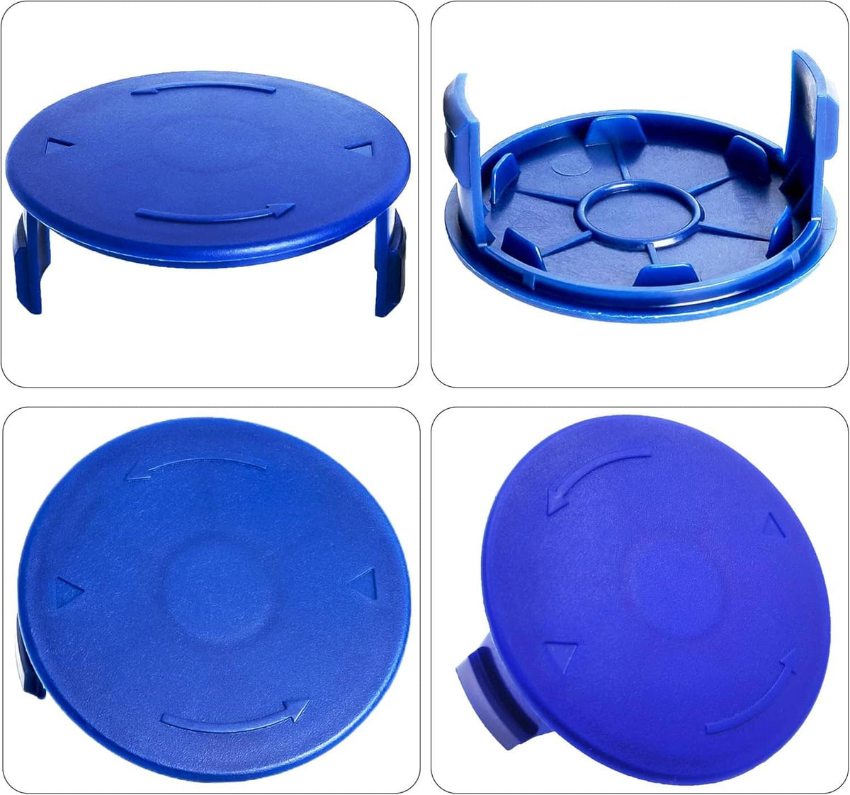 Blue spool cap cover set: closed lid and open base with retaining tabs