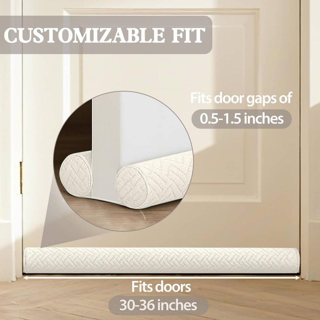 Gray under-door draft stopper with quilted texture, fits 30–36 inch doors