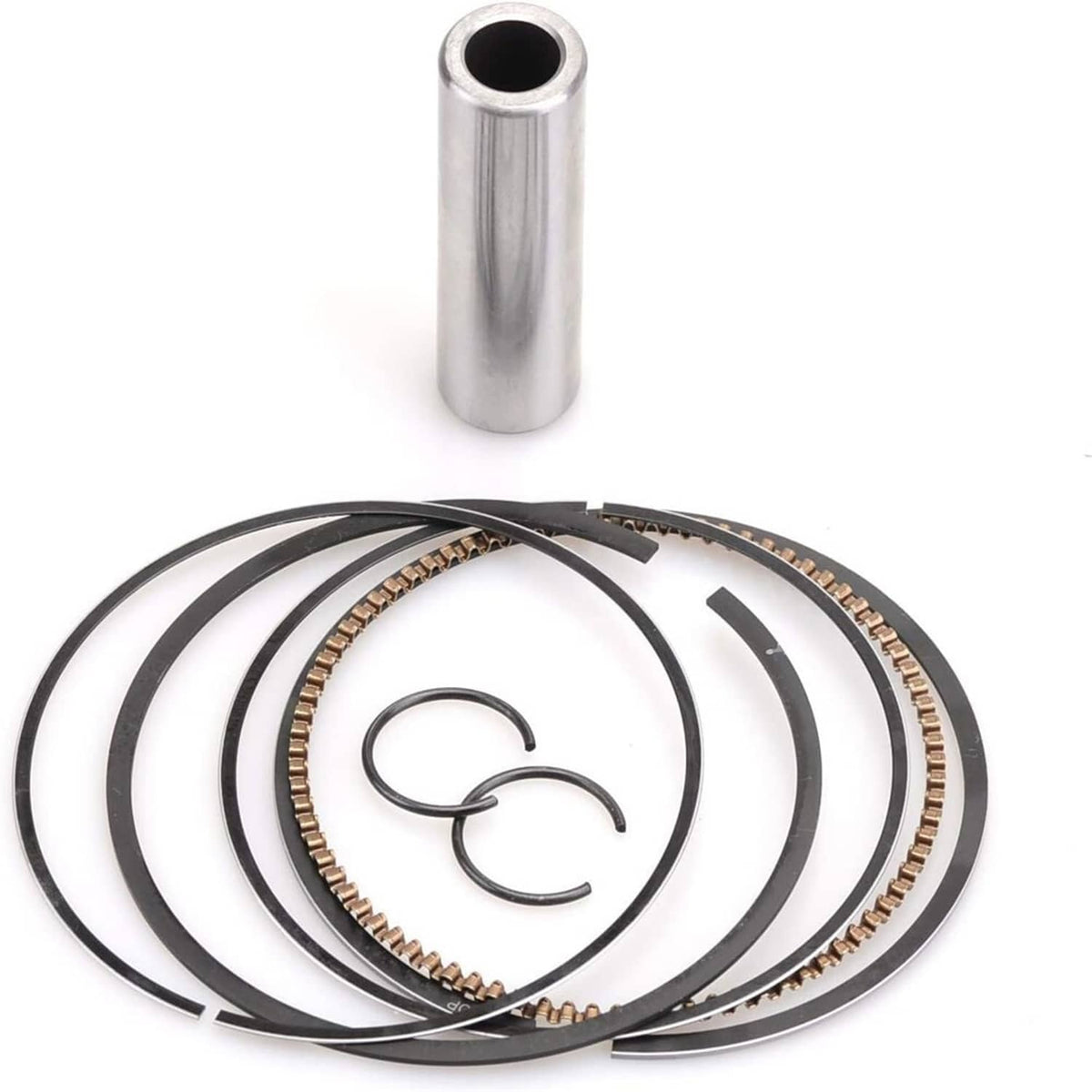 Piston pin and piston rings kit, silver metal and black ring set