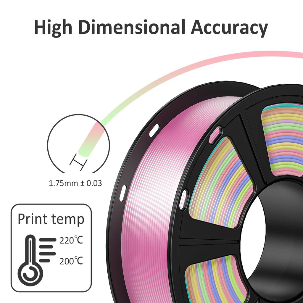 Pink silk PLA filament spool close-up with rainbow-shimmer filament on black reel