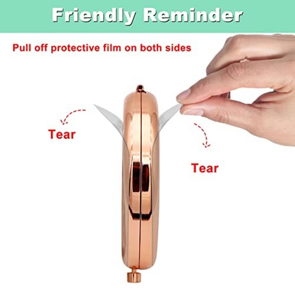 Rose-gold folding compact makeup mirror with protective film on both sides