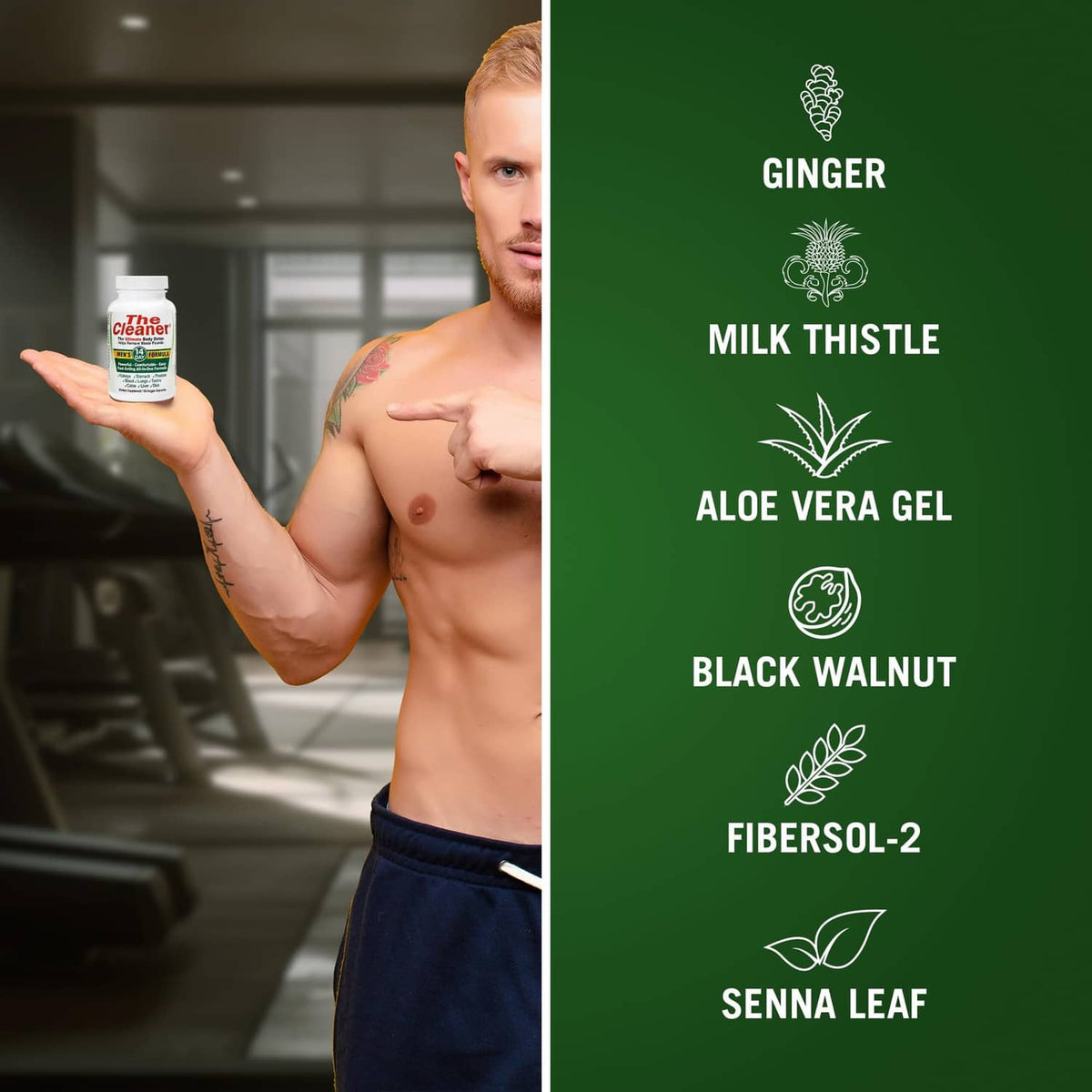 Detox supplement bottle with ingredient list icons: ginger, milk thistle, aloe vera gel