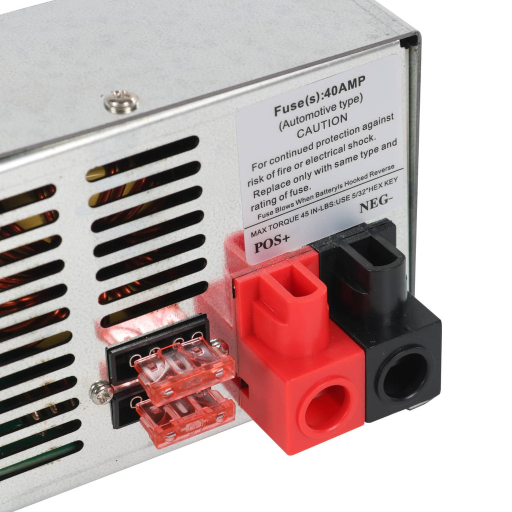 Power converter charger fuse label with red POS+ and black NEG terminal block