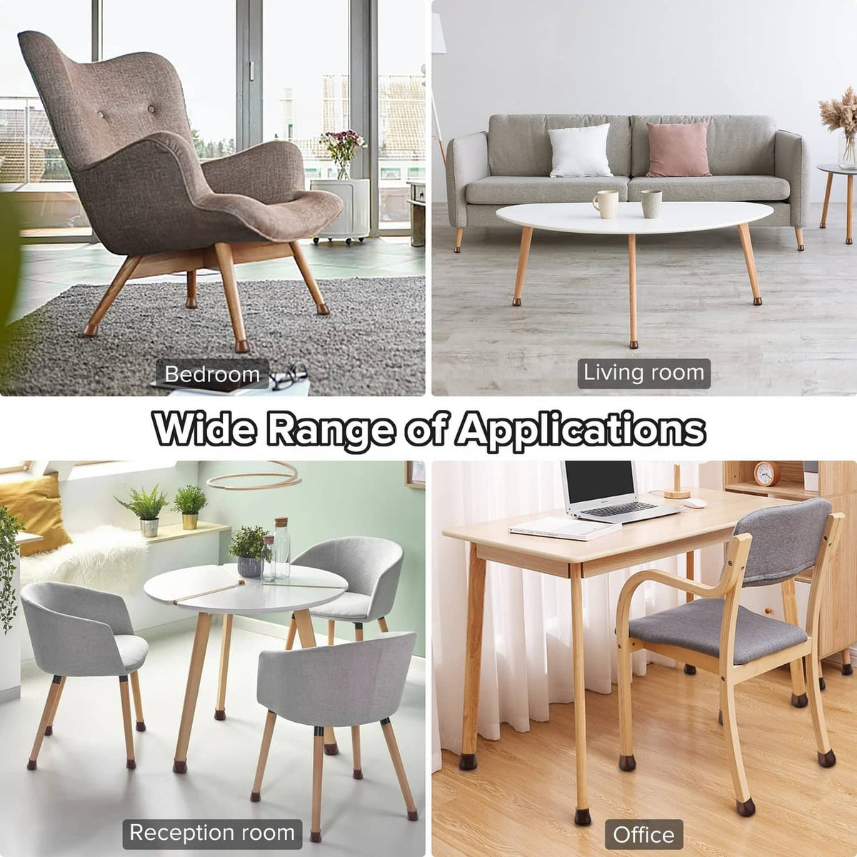 Black silicone chair leg covers in use on chair legs across living and office seating