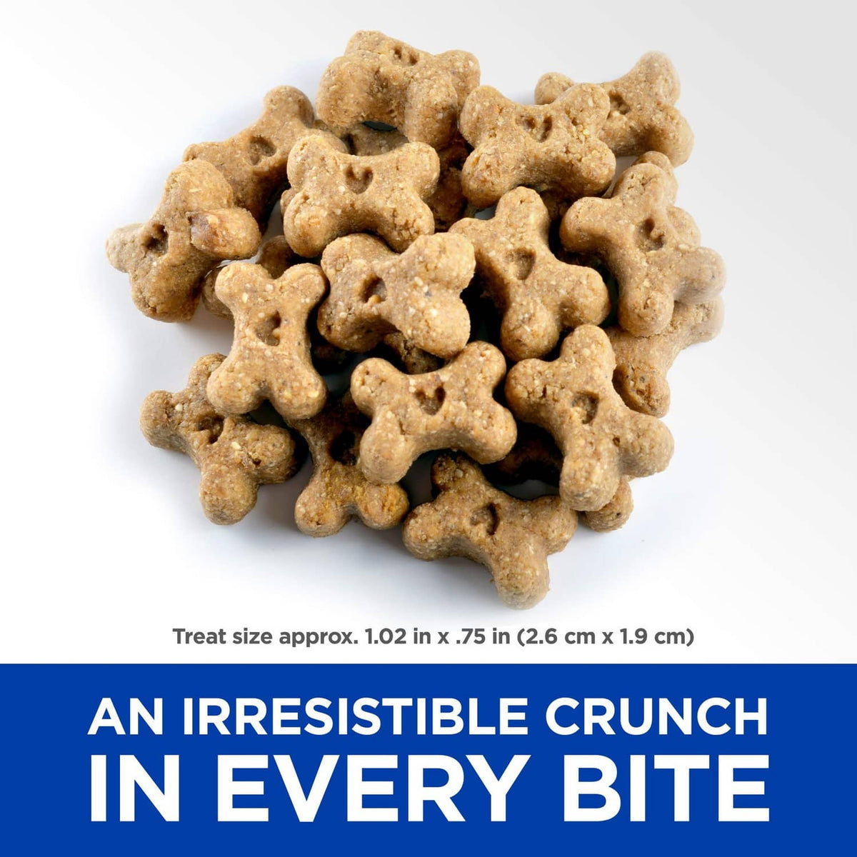 Crunchy dog treats in a heap, with treat size note printed below