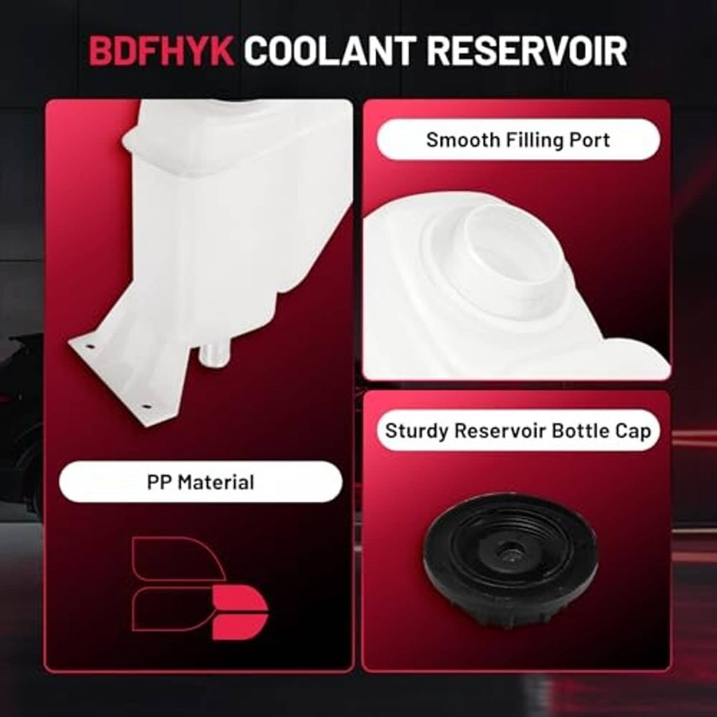 White coolant reservoir overflow tank with smooth filling port and black bottle cap