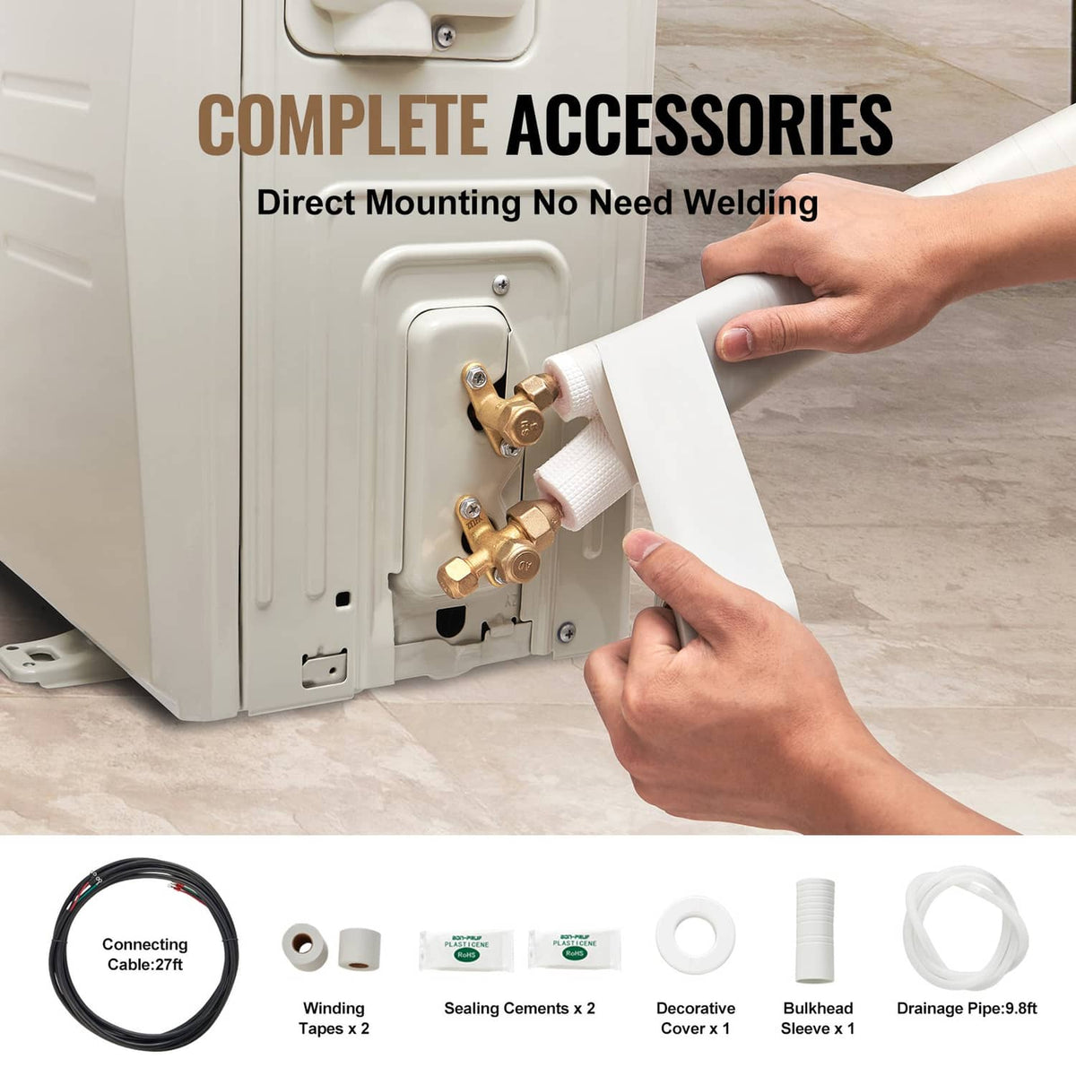 Mini split line set with accessories: tubing, clamps, tape, and drain hose