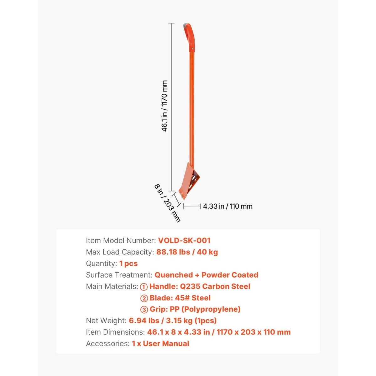 Orange shingle remover tool diagram, 46.1 in handle with serrated blade