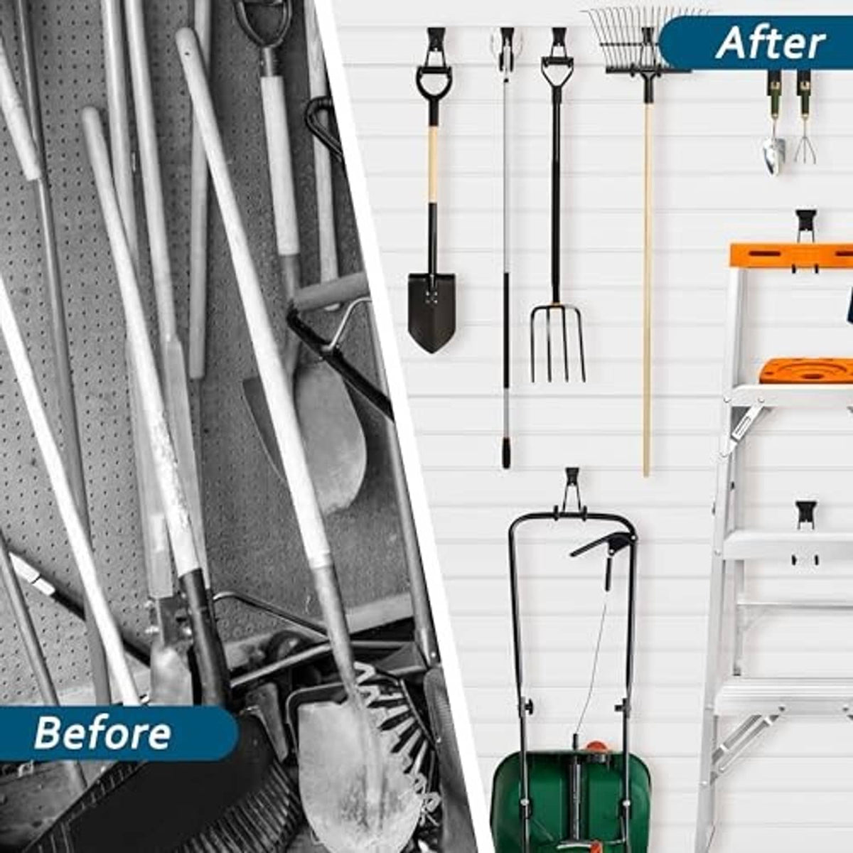 Slatwall hook set holding tools, curved black hooks with mounting bases