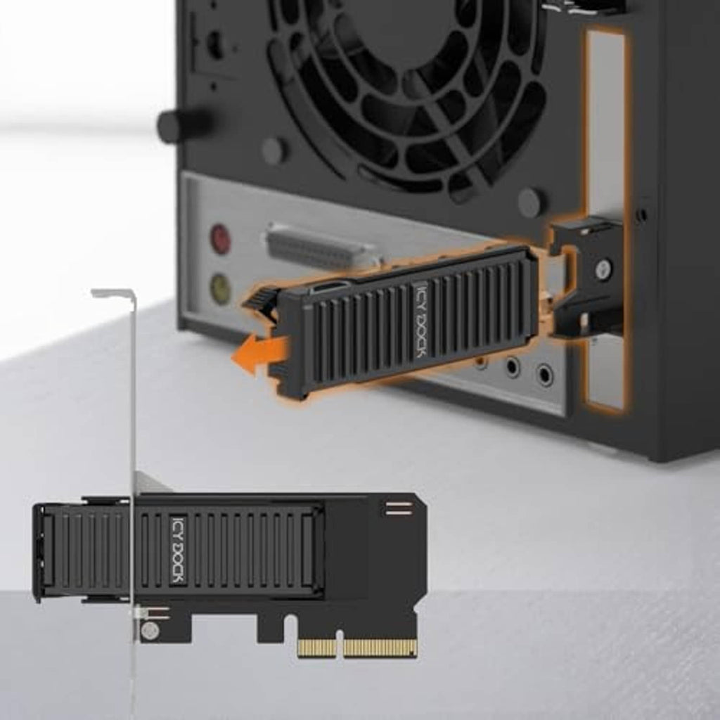 Black PCIe NVMe M.2 adapter card with heatsink base installed in a system