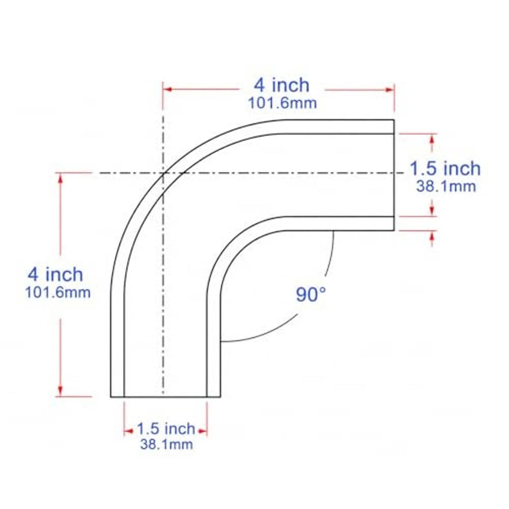 90-degree elbow hose dimensions diagram: 4 in length, 1.5 in outlet