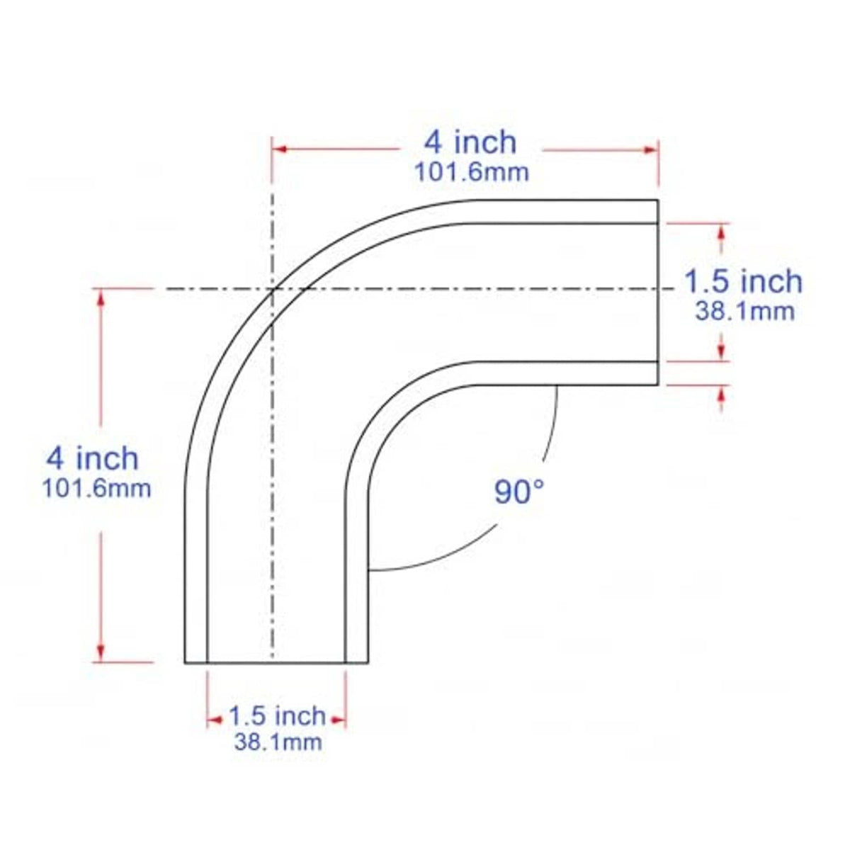 90-degree elbow hose dimensions diagram: 4 in length, 1.5 in outlet