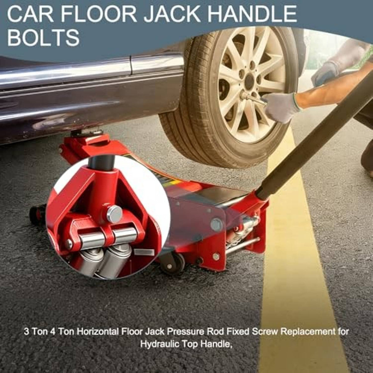 Car floor jack handle bolt assembly on hydraulic jack, silver hardware