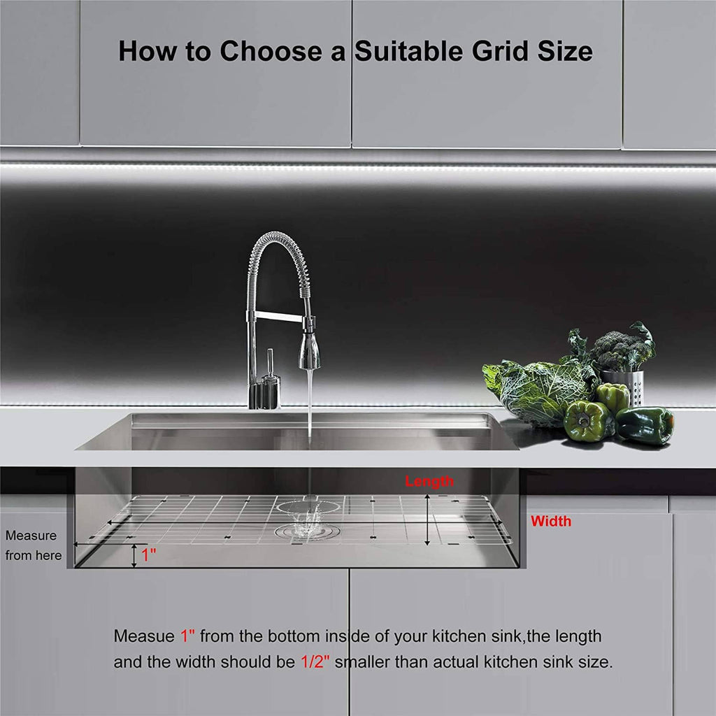 Stainless steel sink grid protector with grid lines and round drain opening for sizing