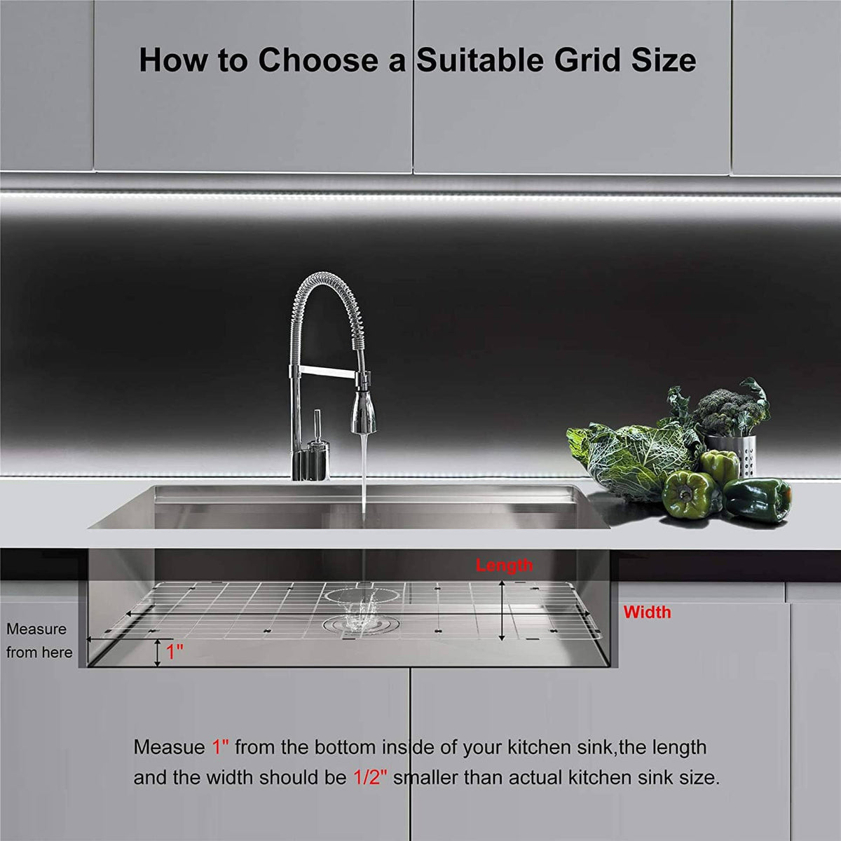 Stainless steel sink grid protector with grid lines and round drain opening for sizing