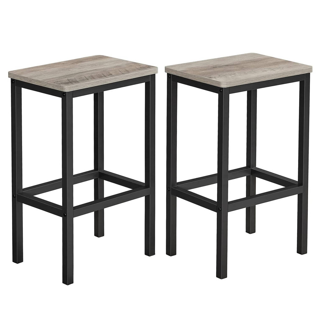 Set of two bar stools with square greige tops and black crossbar footrests