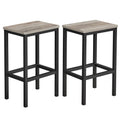 Set of two bar stools with square greige tops and black crossbar footrests