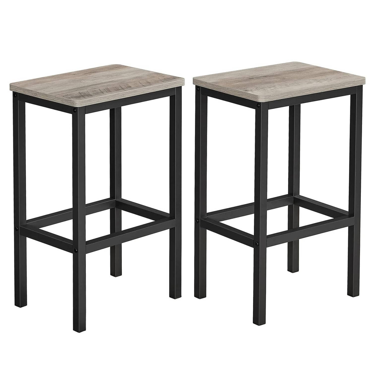 Set of two bar stools with square greige tops and black crossbar footrests