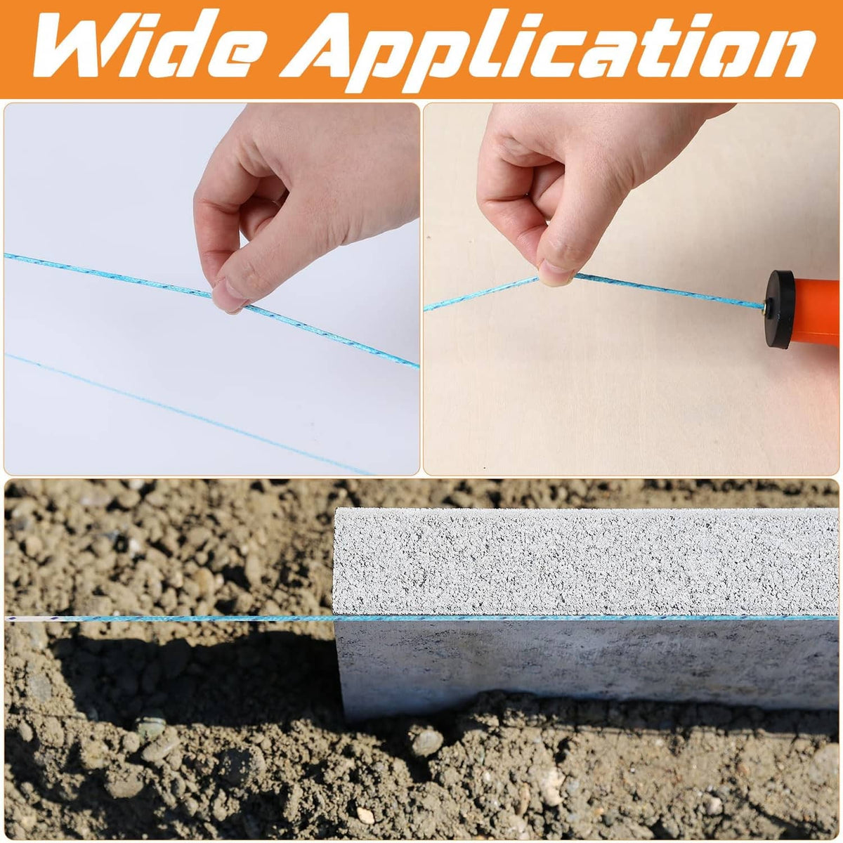 Chalk line tool applying blue guideline along concrete edge