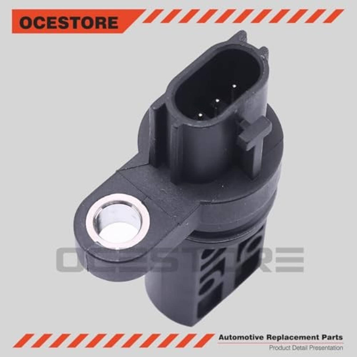 Camshaft position sensor with black housing, metal mounting hole, and connector