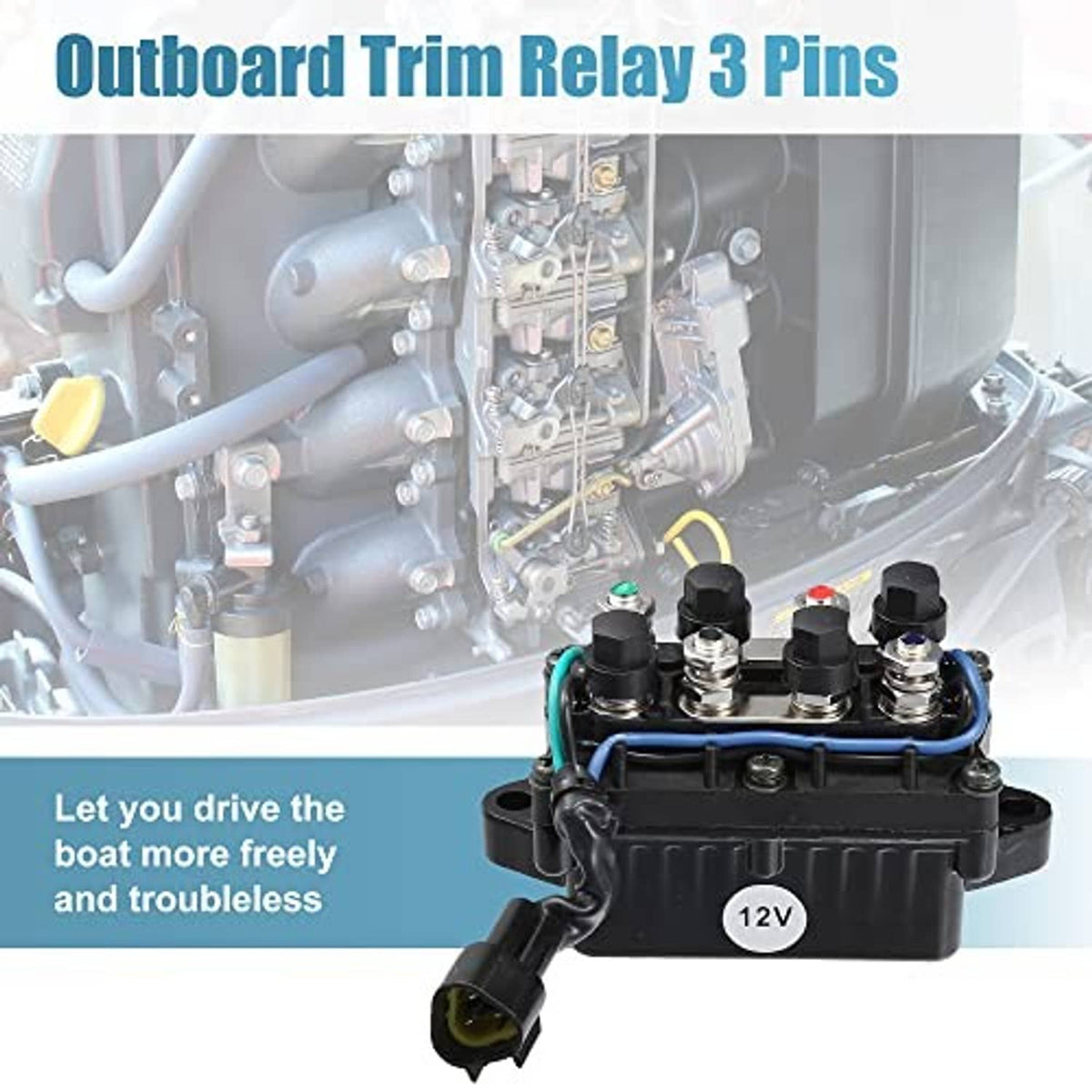 Black 12V outboard trim relay with blue wiring and four insulated terminal caps