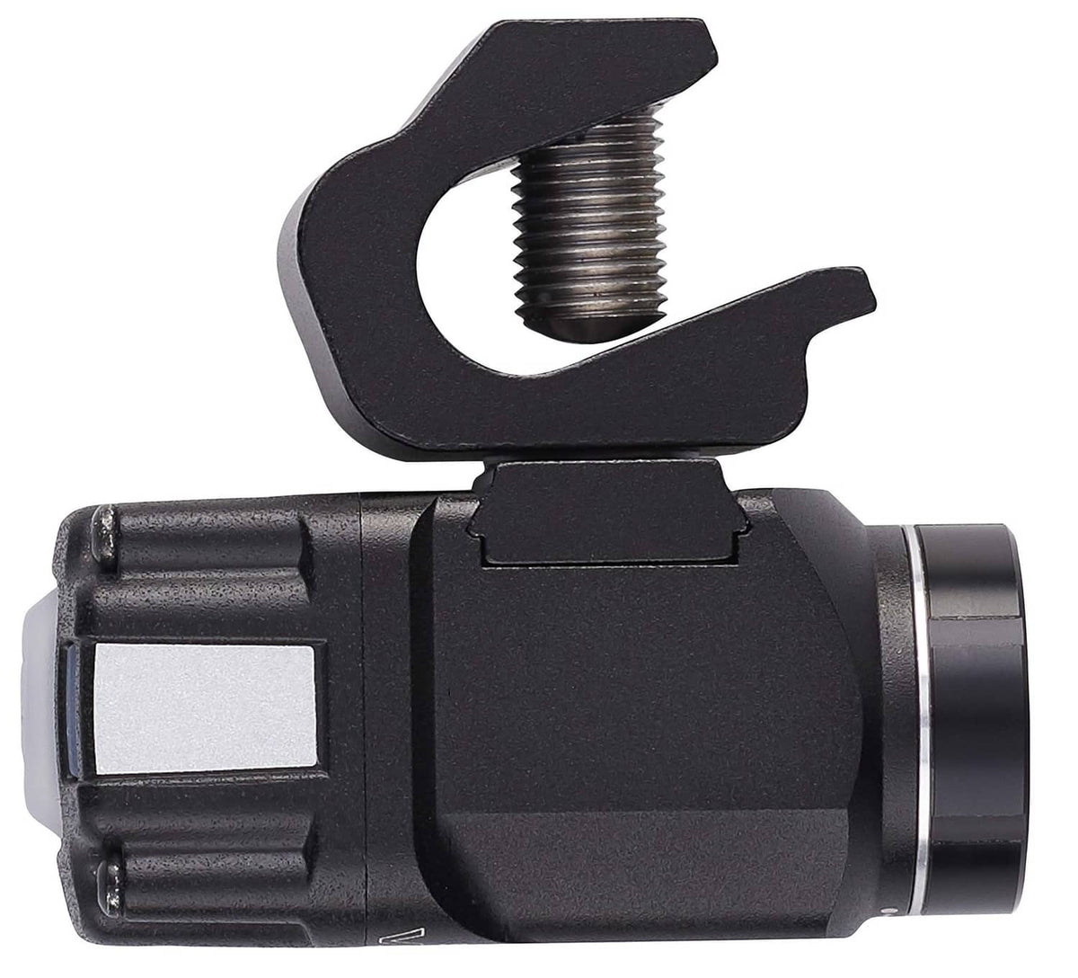 Black clip-on flashlight with top threaded mount and front LED lens