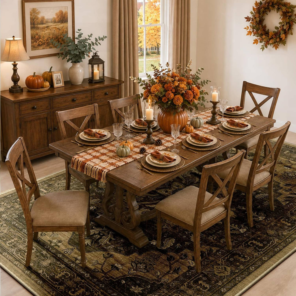 Rectangular patterned area rug in dark olive and brown under a dining table