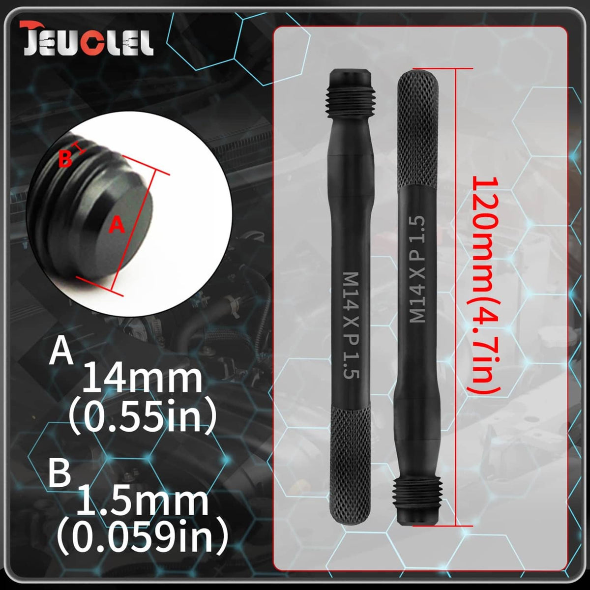 Two wheel stud alignment pins, M14 x 1.5 thread, textured grip, metal ends