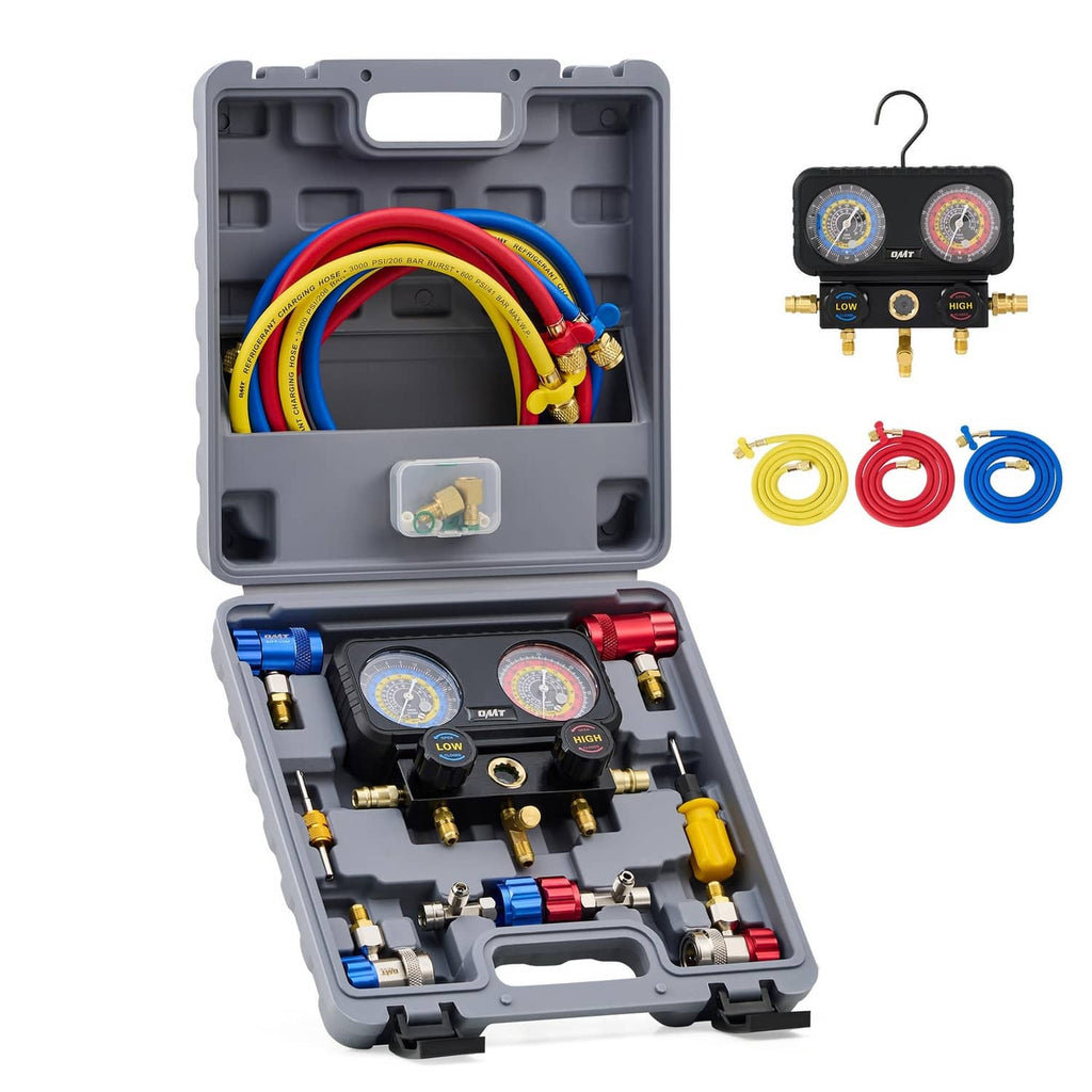 3-way manifold gauge set in gray case with colored hoses and brass fittings