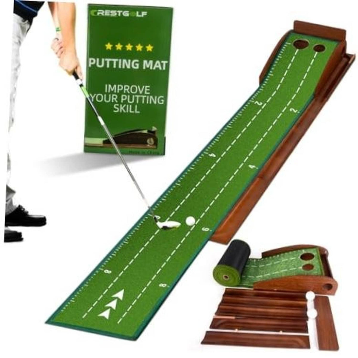 Indoor putting practice mat, green felt with white guide lines and wooden frame