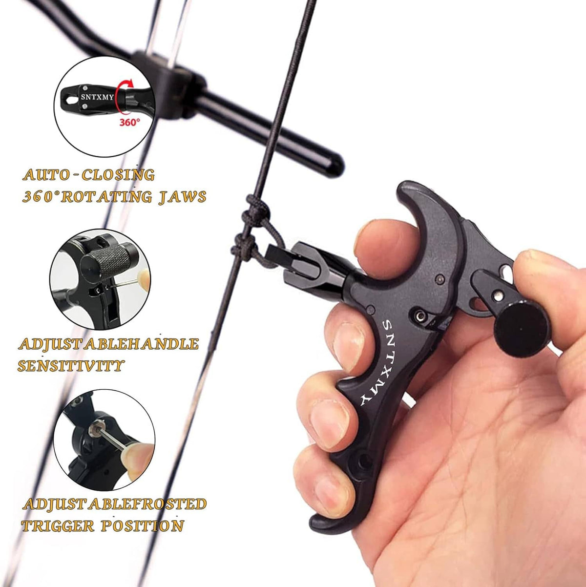 Hand holding a black bow trigger release with circular adjustment wheel