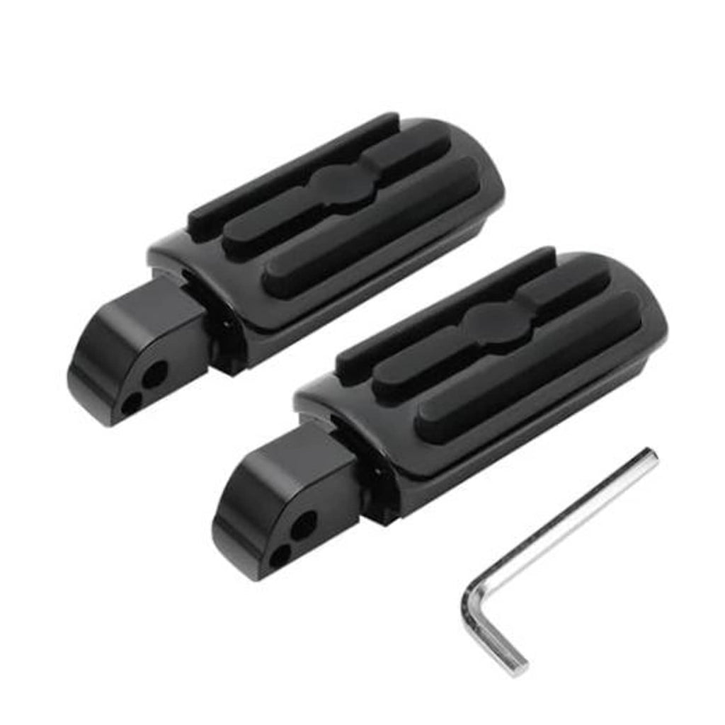 Black motorcycle passenger foot pegs, textured tread, with mounting hardware