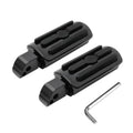 Black motorcycle passenger foot pegs, textured tread, with mounting hardware