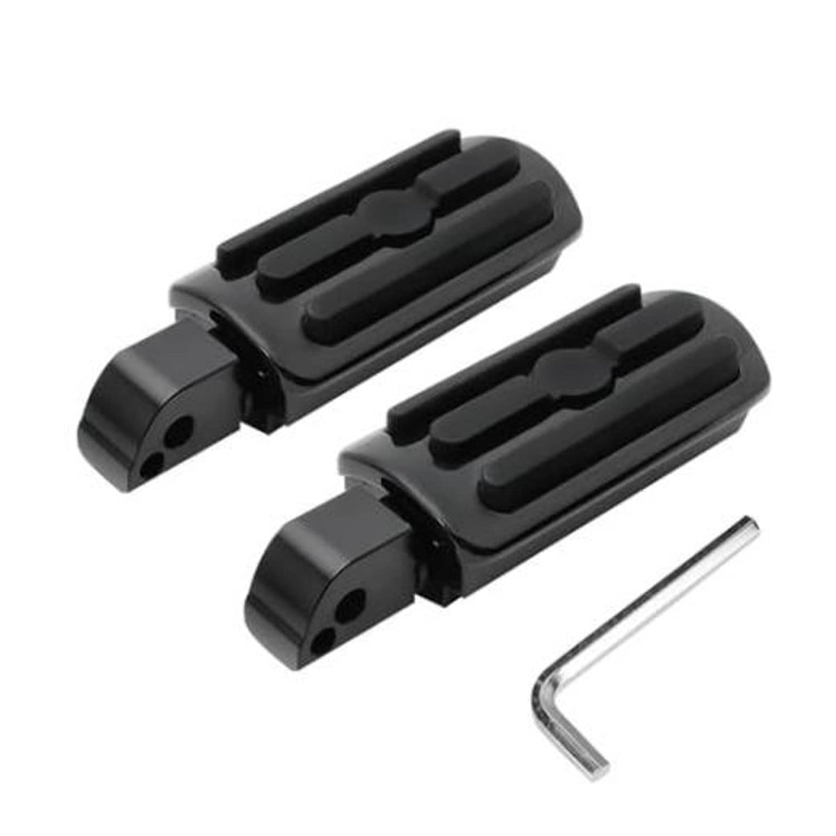 Black motorcycle passenger foot pegs, textured tread, with mounting hardware
