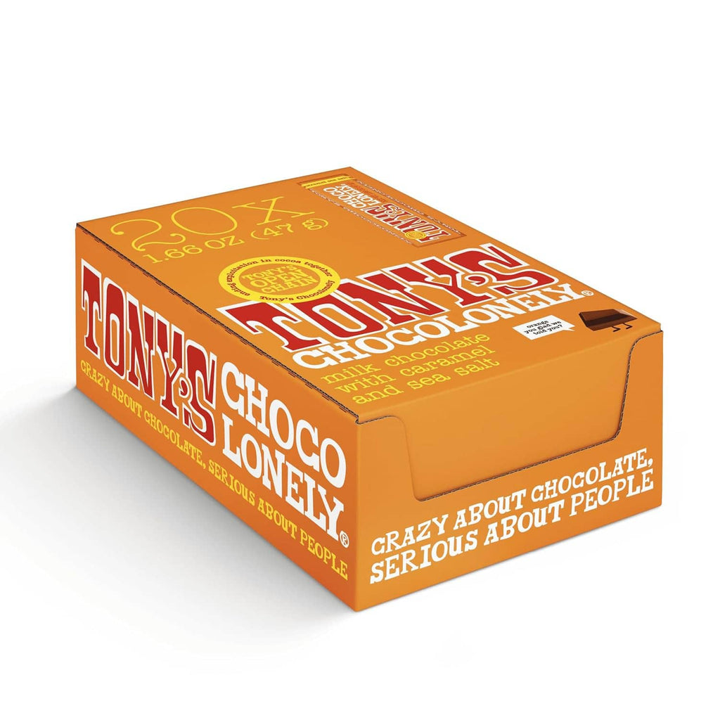 Tony’s Chocolonely milk chocolate bar with caramel and sea salt, carton side view