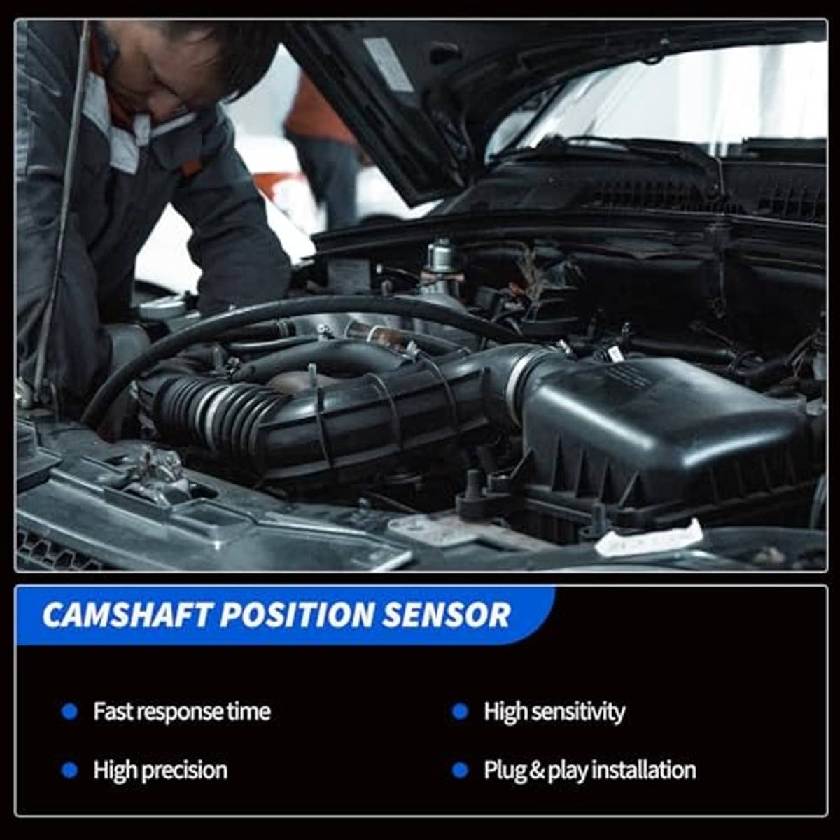 Camshaft position sensor installed in an engine bay near intake components