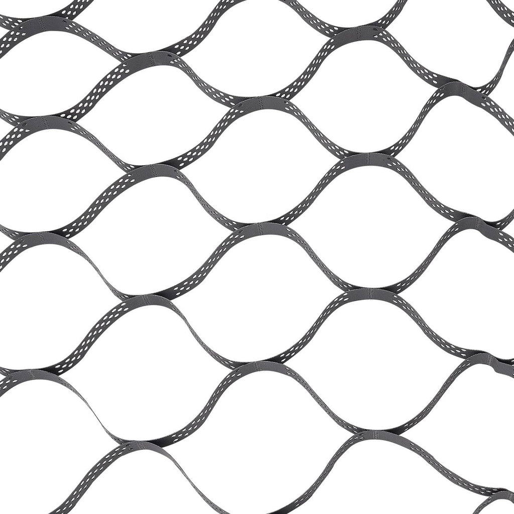 Black plastic ground geocell grid with wavy hex openings, 2-inch depth